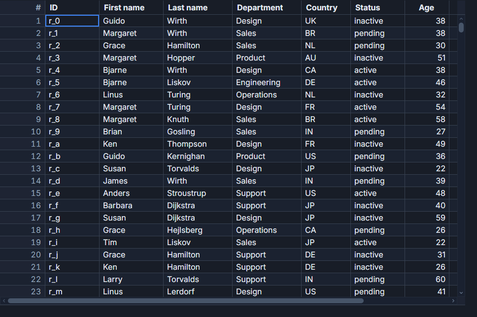 A million-row dataset in SvGrid, kept smooth by virtualization.