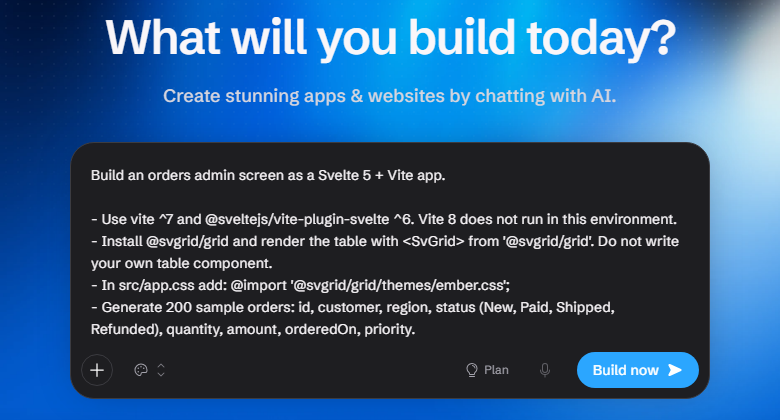 Bolt's home page with the orders prompt from this page filled into the prompt box, ready to send with Build now.