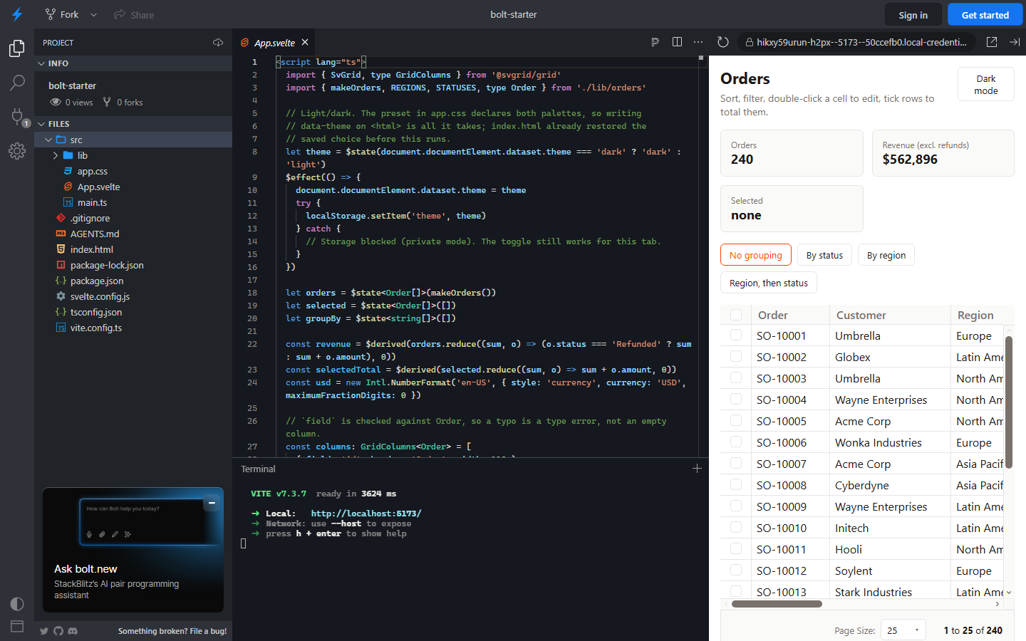 The starter open in StackBlitz: the file tree with AGENTS.md, src/App.svelte and src/lib, App.svelte in the editor, the terminal showing VITE v7.3.7 ready, and the orders grid in the preview pane.