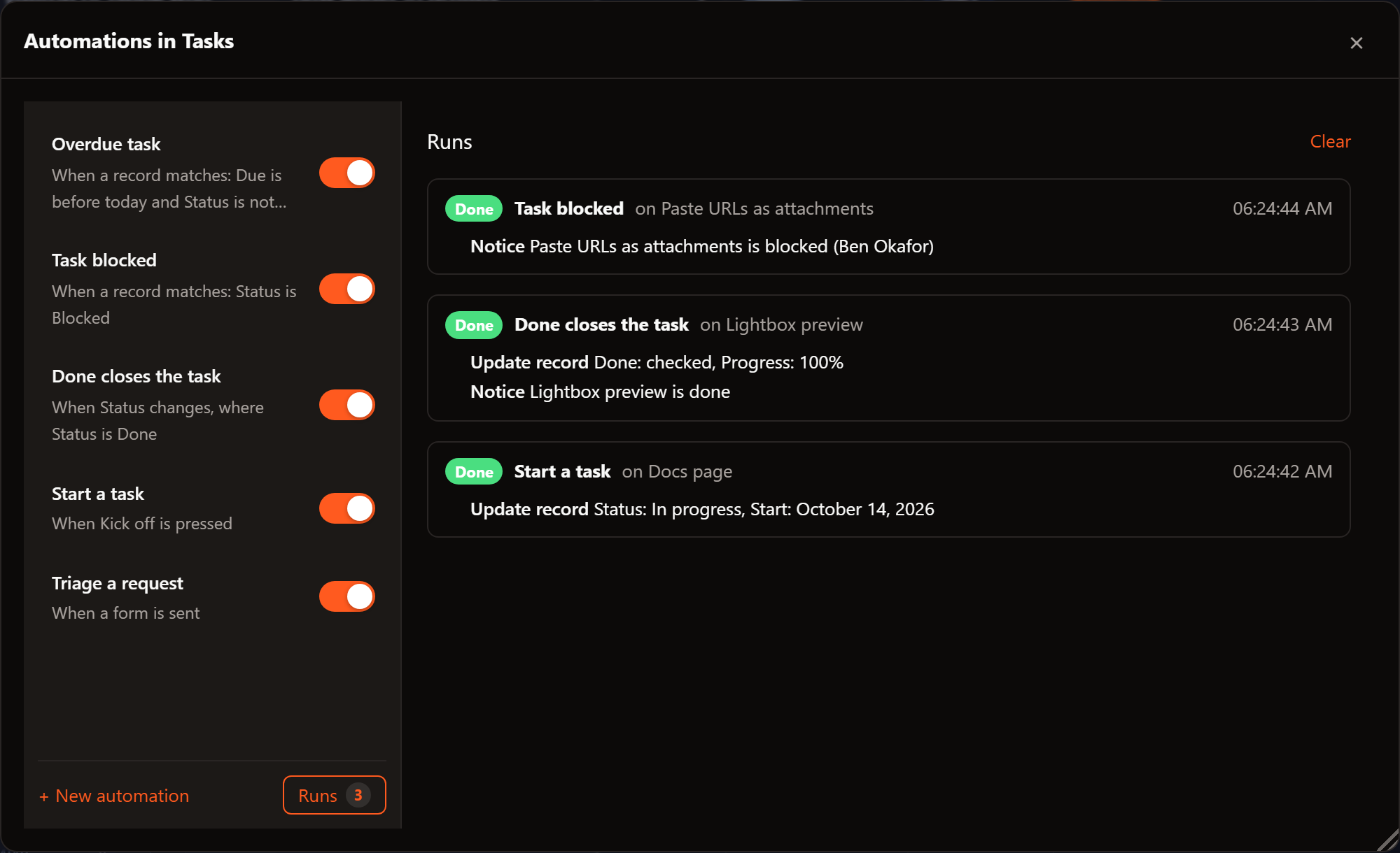 Runs: Task blocked on Paste URLs as attachments showed a notice; Done closes the task on Lightbox preview set Done to checked and Progress to 100%, then showed a notice; Start a task on Docs page set Status to In progress and Start to today.