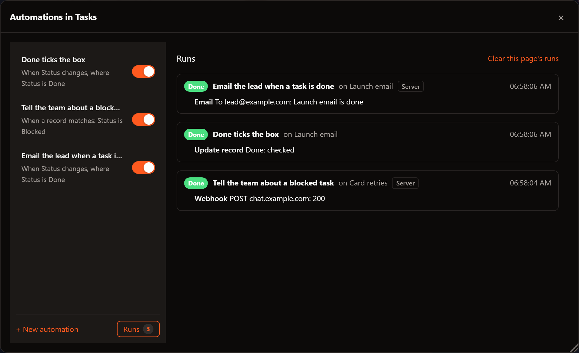Runs with the server's among them: Tell the team about a blocked task, tagged Server, posted to chat.example.com; Email the lead, tagged Server, sent the email; Done ticks the box ran in the page.