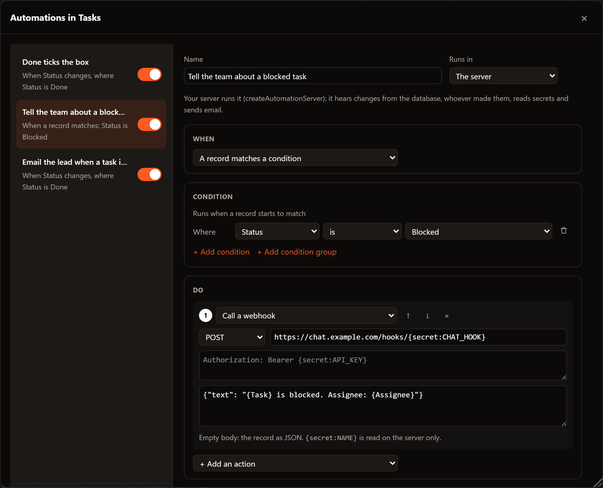 A server automation that calls a webhook: POST to https://chat.example.com/hooks/{secret:CHAT_HOOK} with the body {