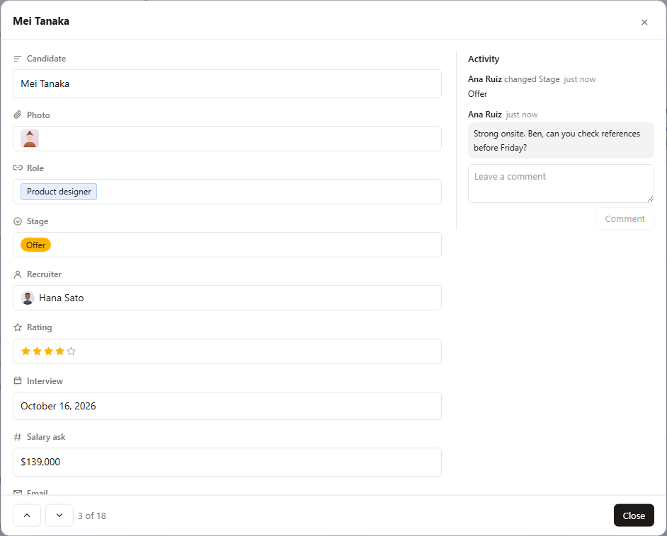 A candidate open as a record: each field with its type icon on the left, and the Activity column on the right with