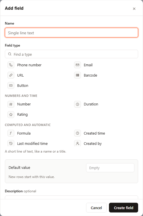The Add field dialog in a base, its type list scrolled to show the end of the Fields section (Phone number, Email, URL, Barcode, Button), then Numbers and time (Number, Duration, Rating) and Computed and automatic (Formula, Created time, Last modified time, Created by), with the chosen type's description and its Default value property below