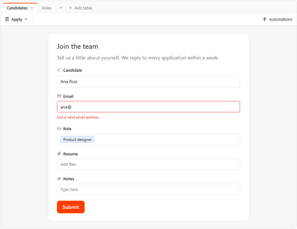 The demo's Apply form view: Candidate filled in as Ana Ruiz, Email as ana@ with a red border and