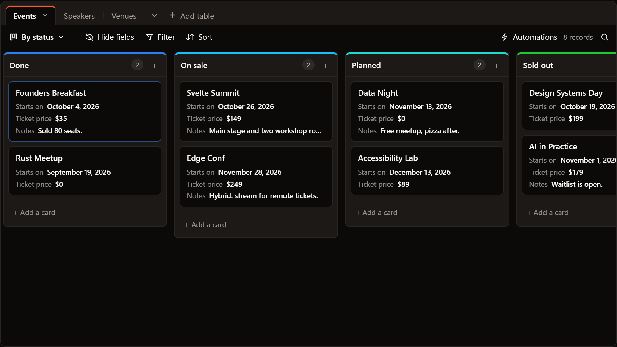 The Kanban view the base made from the events table: a lane per status value, a card per event with its date, price and notes.