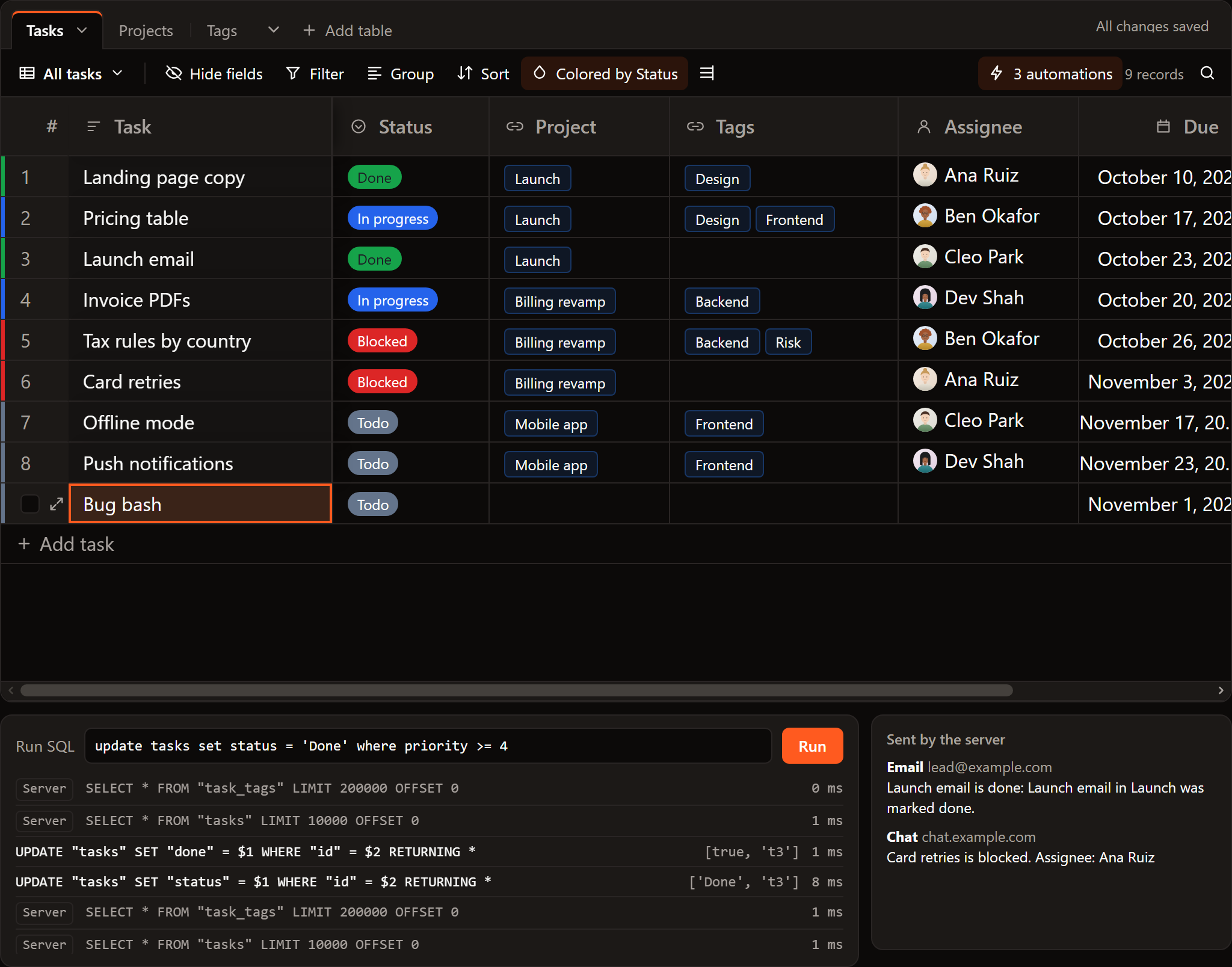 SvGrid Base on Postgres: tasks with a status, a project and tags; under the base, the SQL log shows the UPDATE that a status change ran, with its parameters.