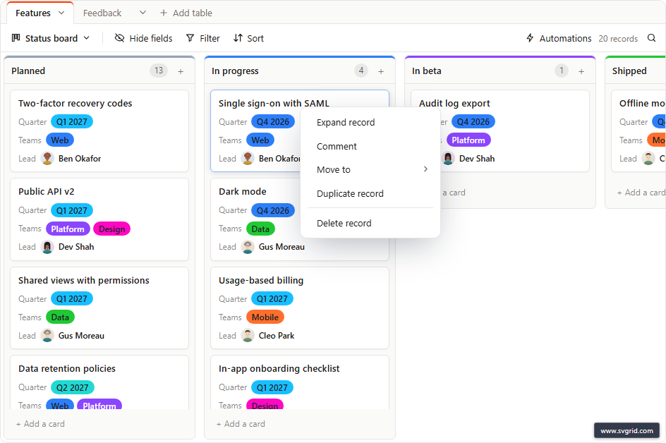 The roadmap's Status board: Planned, In progress, In beta and Shipped lanes of feature cards showing Quarter, Teams and Lead, with the right-click menu open on