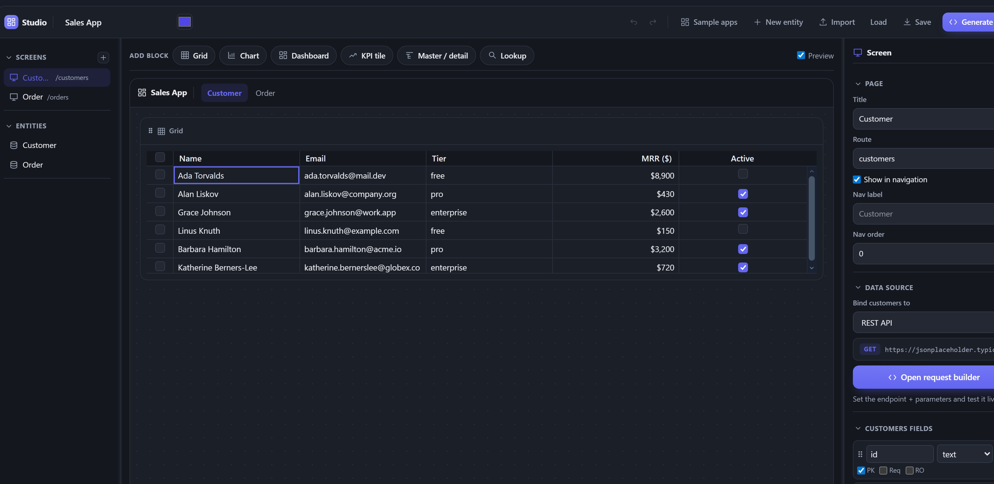 The visual app designer with a customer grid previewed live and a properties panel for the screen and its fields.