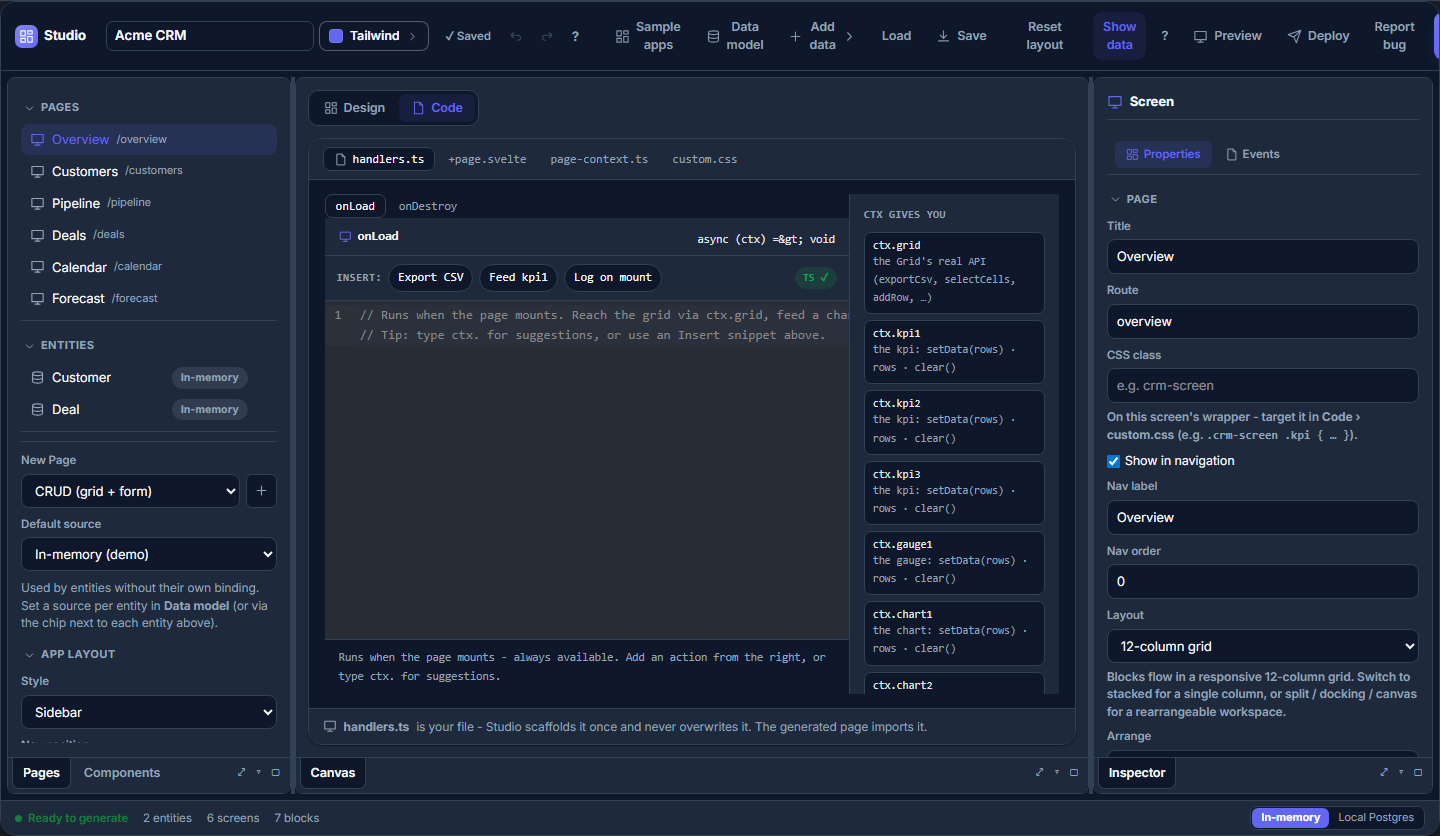 The Code view: handlers.ts open on an onLoad handler with insert snippets, and a