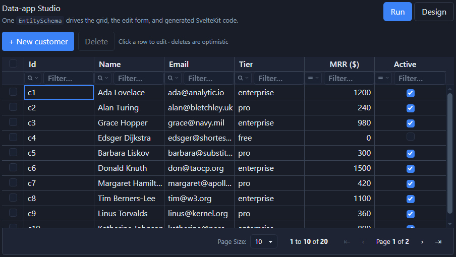 A CRUD screen generated by SvGrid Studio: sortable, filterable grid with a native pager, over a live data source.