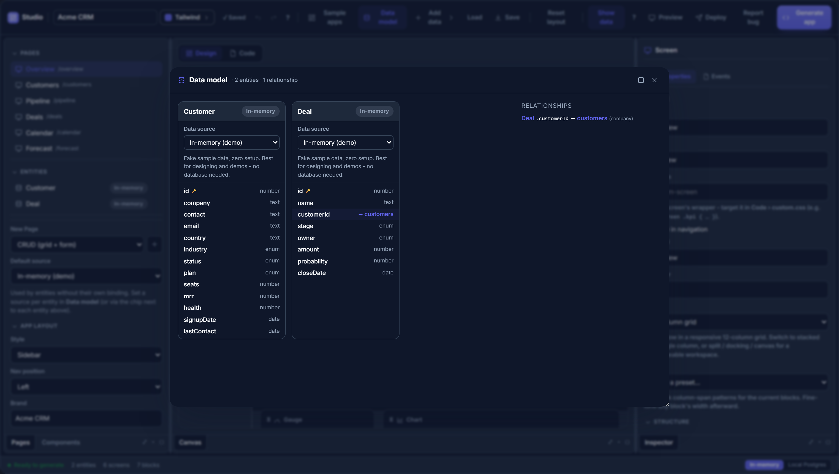 The Data model dialog: each entity (Customer, Deal) shows its fields and a Data source dropdown with a plain-language description, plus the relationships between them.