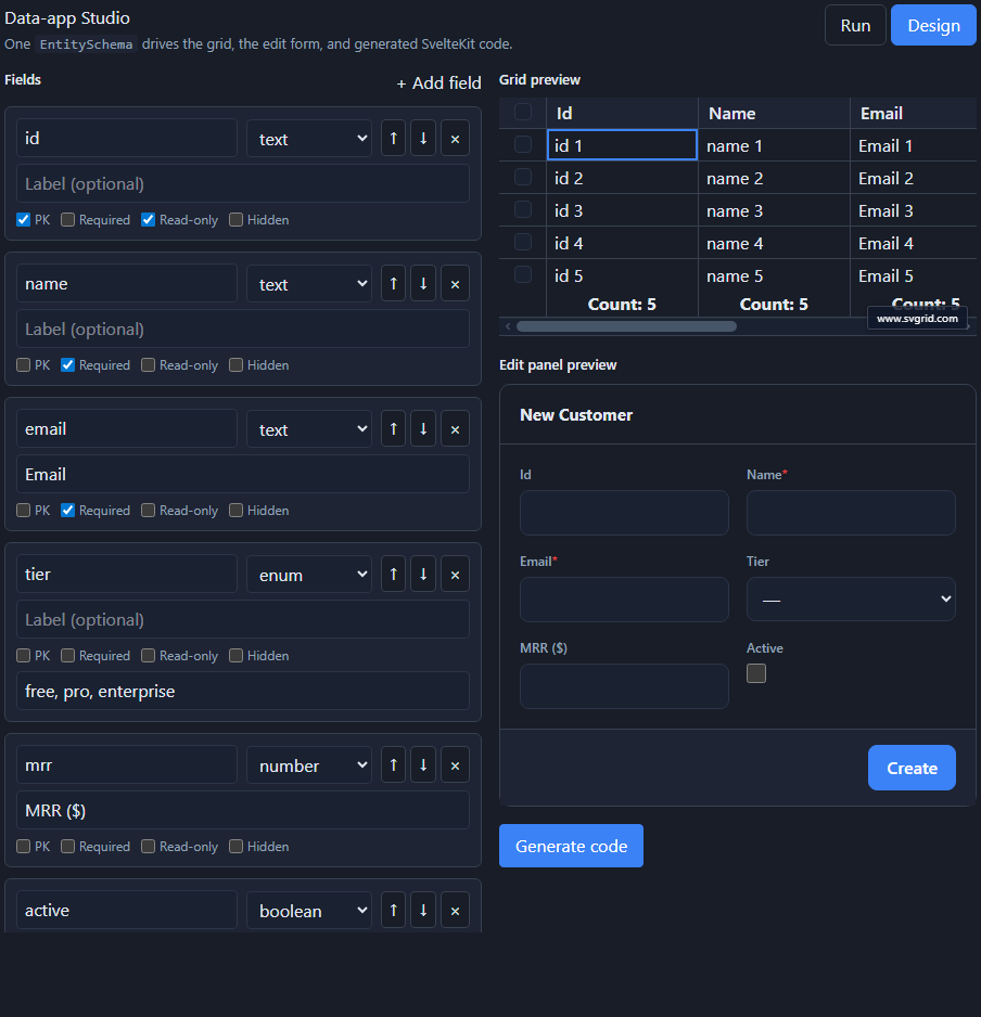 The visual schema designer: edit fields, types, and validation on the left; live grid + edit-panel preview on the right.