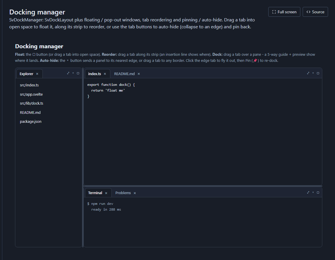 A docking workspace: an explorer pane docked left of a tabbed editor pane, with a terminal pane split below - every pane floatable, reorderable, and pinnable.
