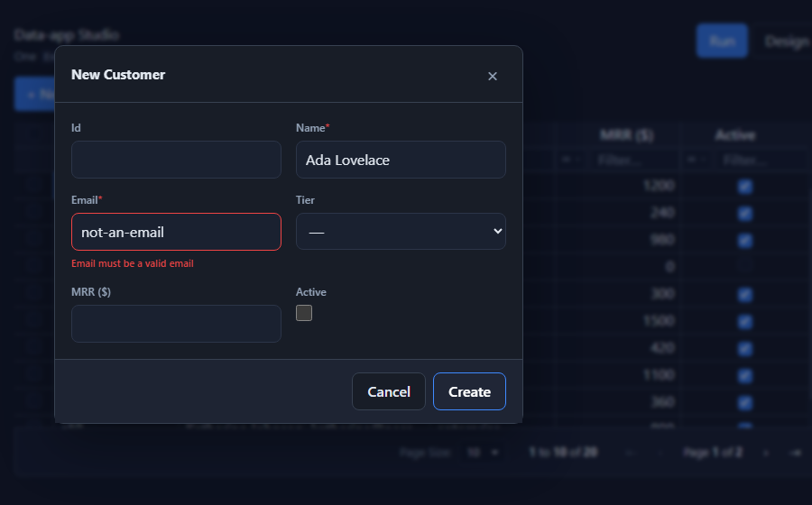 The create/edit modal with built-in validation -