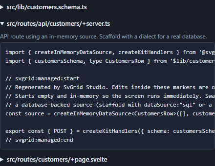The generated files: schema module, +server.ts API route, and +page.svelte screen, with svgrid:managed markers.