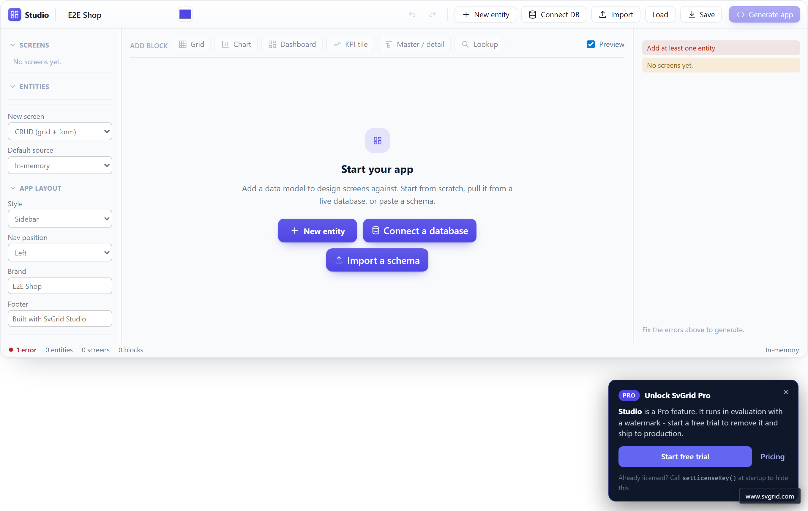 The designer's onboarding screen: sample apps, New entity, Connect a database, or Import a schema