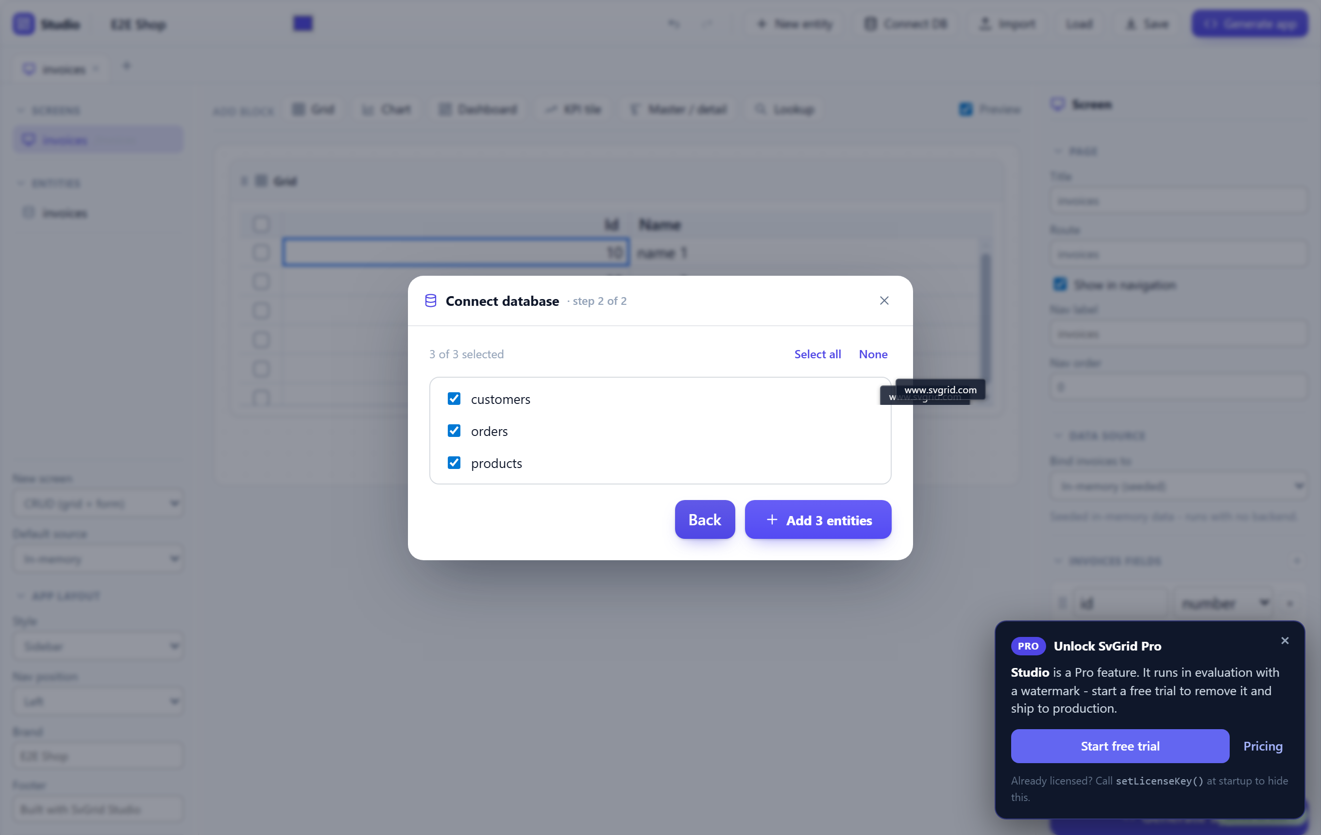 The Connect database wizard: pick which tables to import