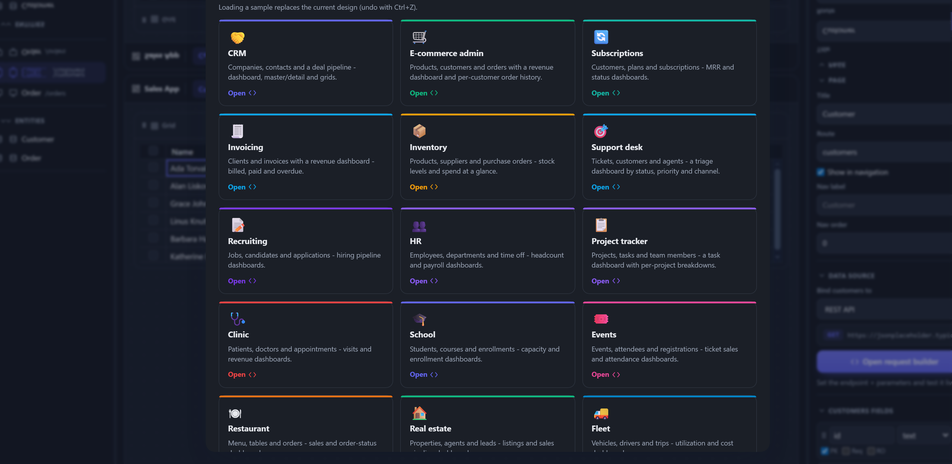 The sample-app gallery in the designer: cards for CRM, E-commerce admin, Subscriptions, Invoicing, Inventory, Support desk, Recruiting, HR, Project tracker, and more - each opens a full, seeded app in one click.