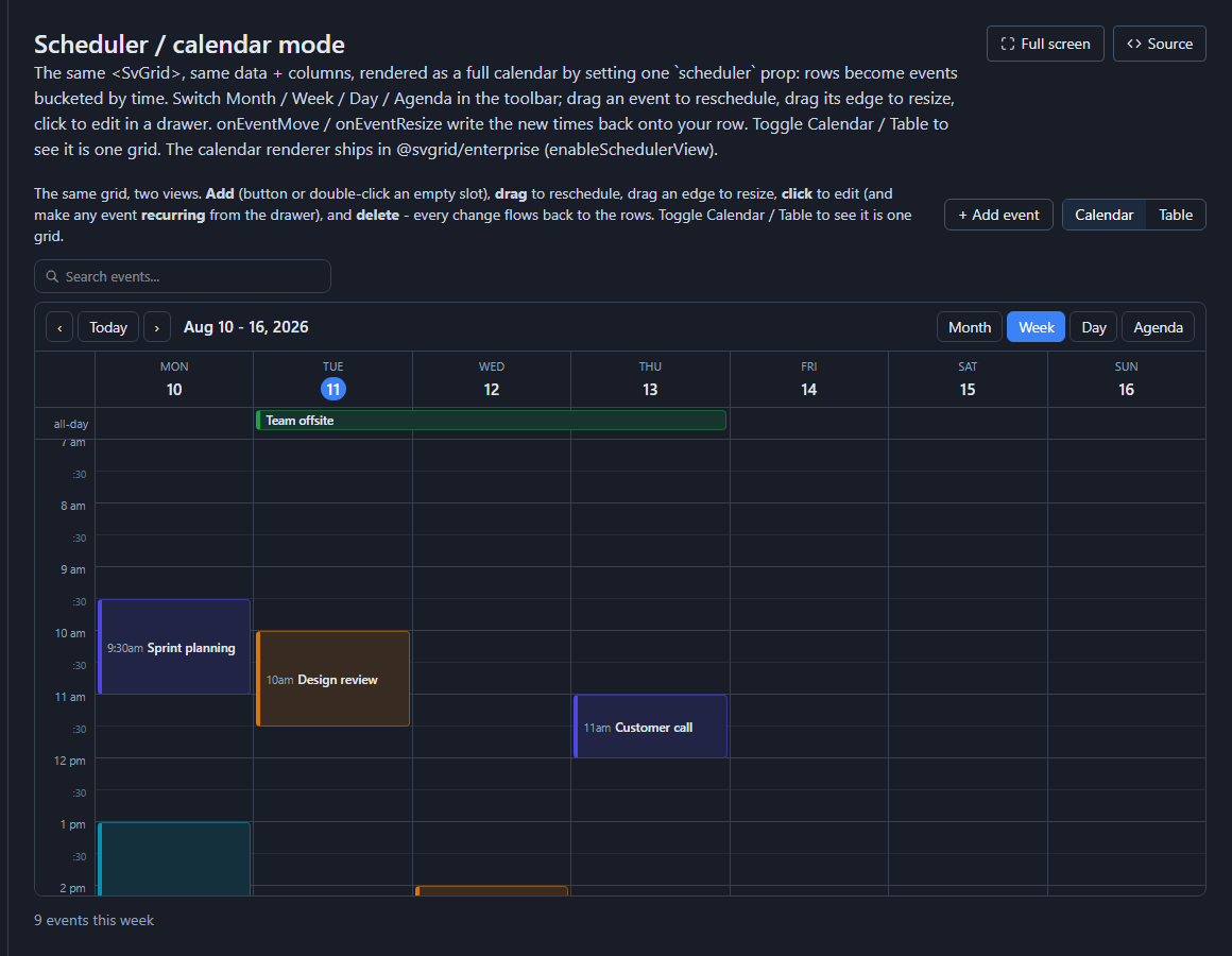 The scheduler view: the grid's rows rendered as a week calendar with timed events, an all-day lane, Month / Week / Day / Agenda switches, and a Calendar / Table toggle.
