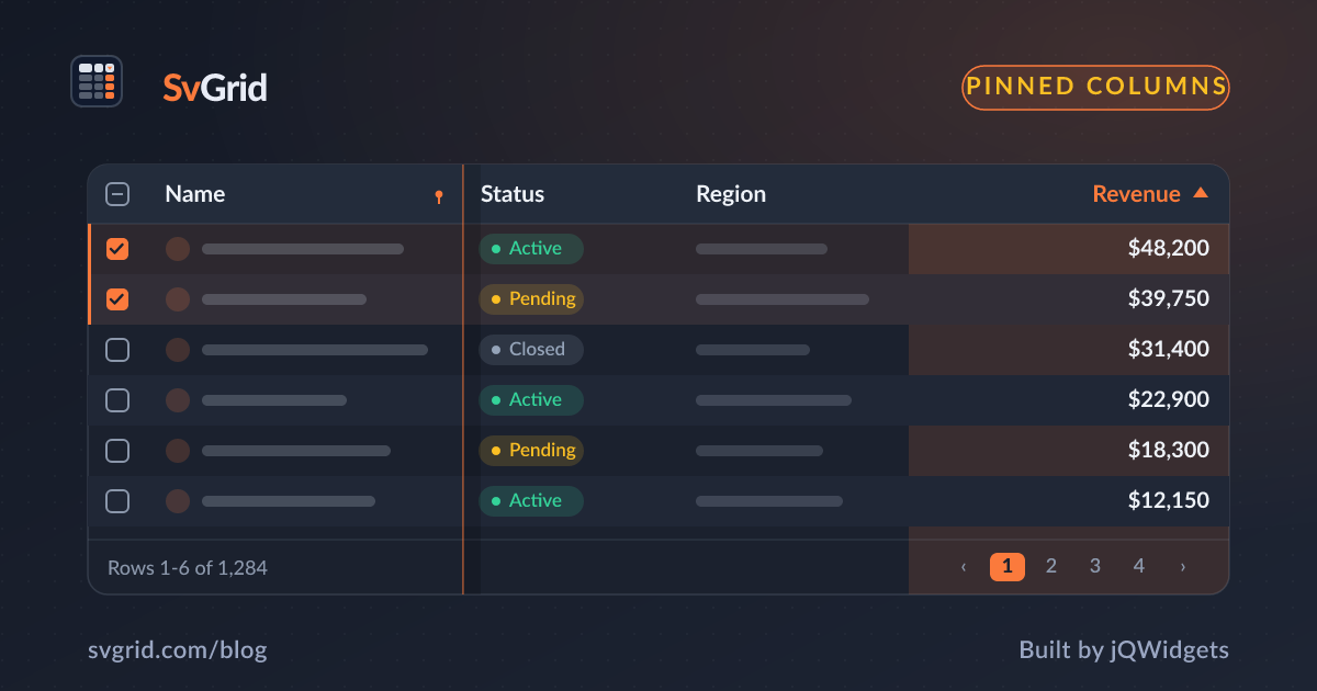 Pinned (Frozen) Columns for Wide Svelte Data Grids - SvGrid blog illustration