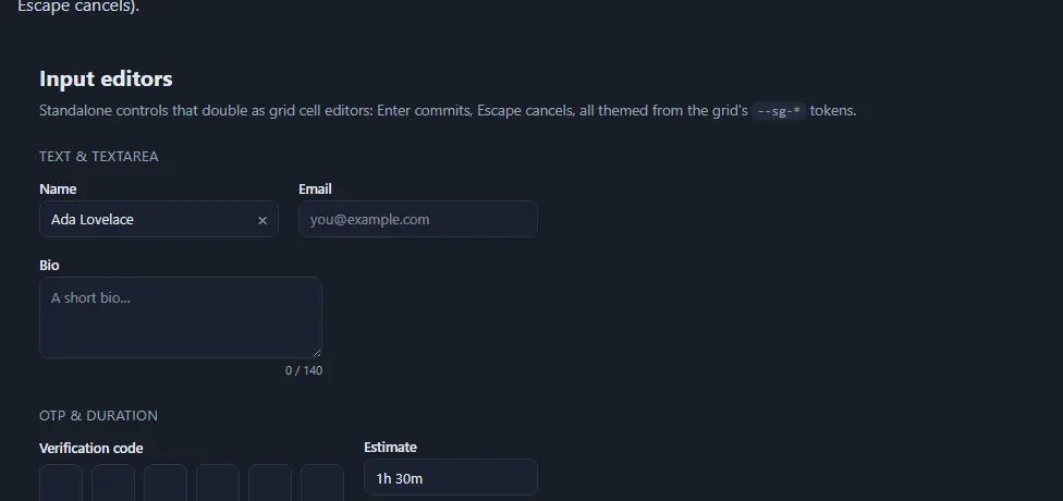 A modal dialog containing labelled form fields for name, email, roles multiselect, and a date picker, rendered in SvGrid's default theme